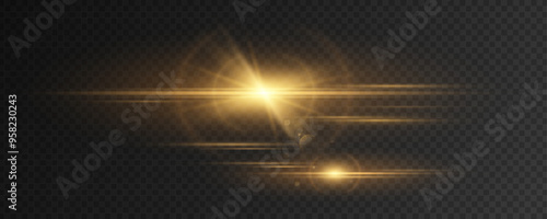 Gold light effect on a dark transparent background. Bright golden flashes and glares. Abstract rays glow in the dark. Light vibrations. Glowing laser. Vector illustration. EPS 10.