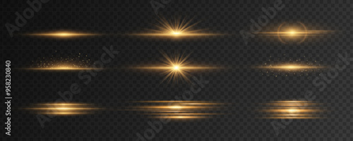 Set of gold light effects on a dark transparent background. Bright golden flashes and glares. Abstract rays of light. Light vibrations. Glowing laser lines. Vector illustration. EPS 10.