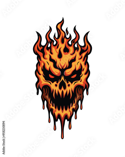 A fiery demon-like monster, its molten body dripping with lava, features a menacing grin and fiery eyes.