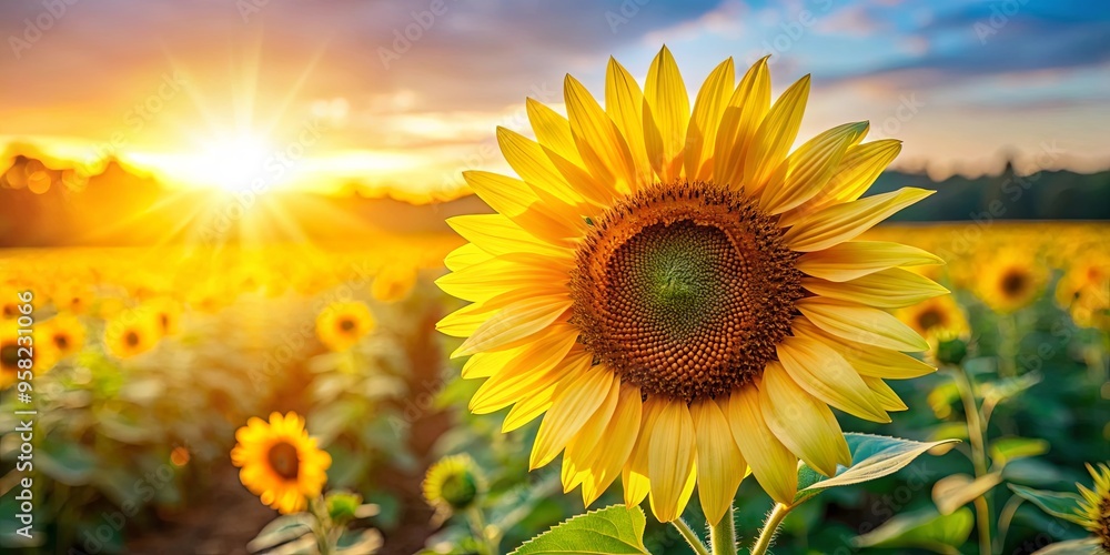 Obraz premium Close-up of vibrant sunflower with sunny field background