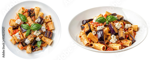 Traditional Italian Pasta alla Norma with Grilled Eggplant, Ricotta, and Tomato Sauce – Authentic Sicilian Dish on White Plate for Mediterranean Cuisine Concepts
