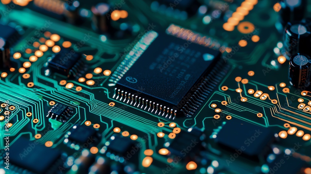 Close-up of a detailed electronic circuit board with microchips and components on a blurred background, perfect for technology themes. Close-up of a detailed electronic circuit board with microchips and components on a blurred background, perfect for technology themes.