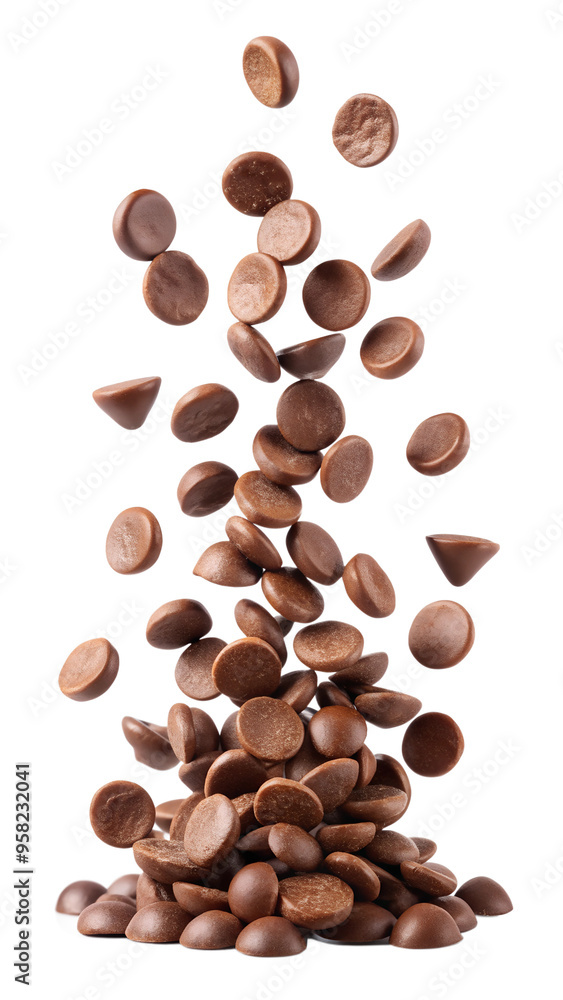 There are many Chocolate Chips in the air, isolated on a transparent background There are many Chocolate Chips in the air, isolated on a transparent background