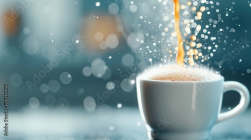 A cup of coffee frozen mid pour, the steam rising in a frozen plume, capturing the fleeting moment of preparation. photo