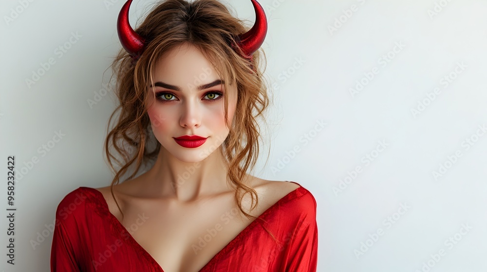 Captivating Devil Woman in Red Costume with Horns Posing on White Background Captivating Devil Woman in Red Costume with Horns Posing on White Background