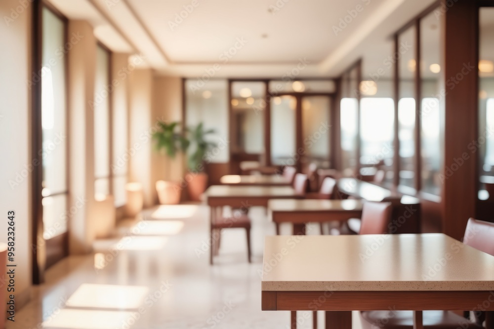 dining table with comfortable chairs in a spacious, contemporary restaurant with large windows dining table with comfortable chairs in a spacious, contemporary restaurant with large windows