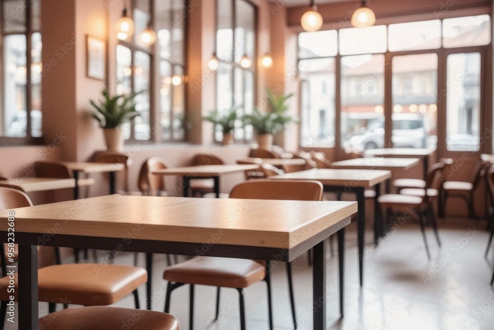 wooden dining table with comfortable chairs in a spacious, contemporary restaurant with large windows wooden dining table with comfortable chairs in a spacious, contemporary restaurant with large windows
