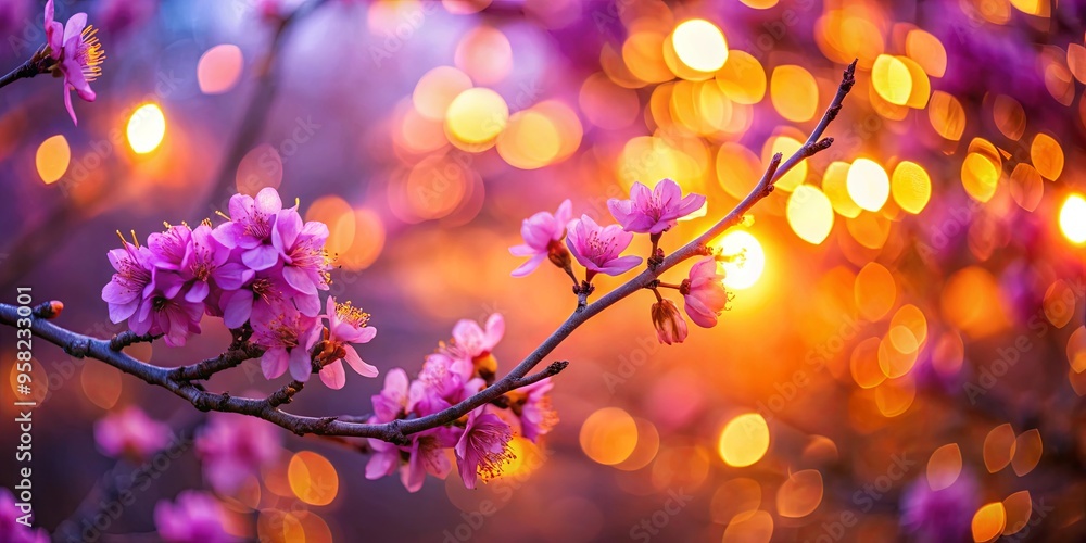 Close-up of a purple bloom on a tree branch with blurred orange and pink lights in the background Close-up of a purple bloom on a tree branch with blurred orange and pink lights in the background