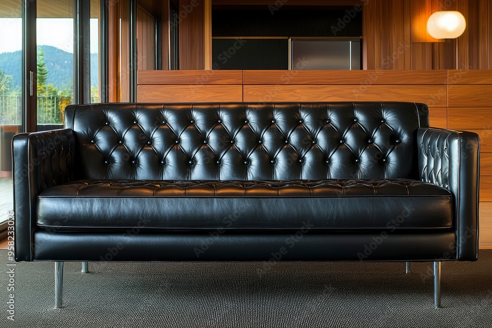 Obraz premium Black Leather Sofa with Button Tufting in Modern Living Room