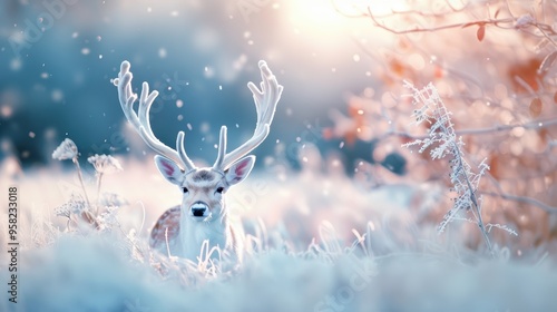 A graceful deer frozen mid run, its antlers adorned with frost, appearing as a mythical creature of the frozen landscape. photo