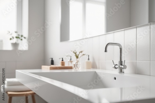 Modern bathroom interior with a sleek sink, large mirror, and clean design