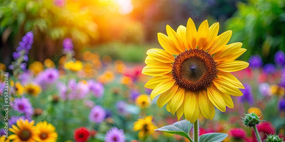 Vibrant sunflower standing out among blooming flowers in a radiant garden display Vibrant sunflower standing out among blooming flowers in a radiant garden display