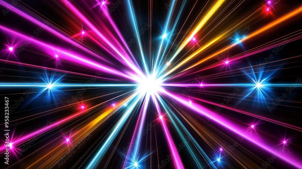 Colorful lights emerge from the center of a black background Colorful lights emerge from the center of a black background