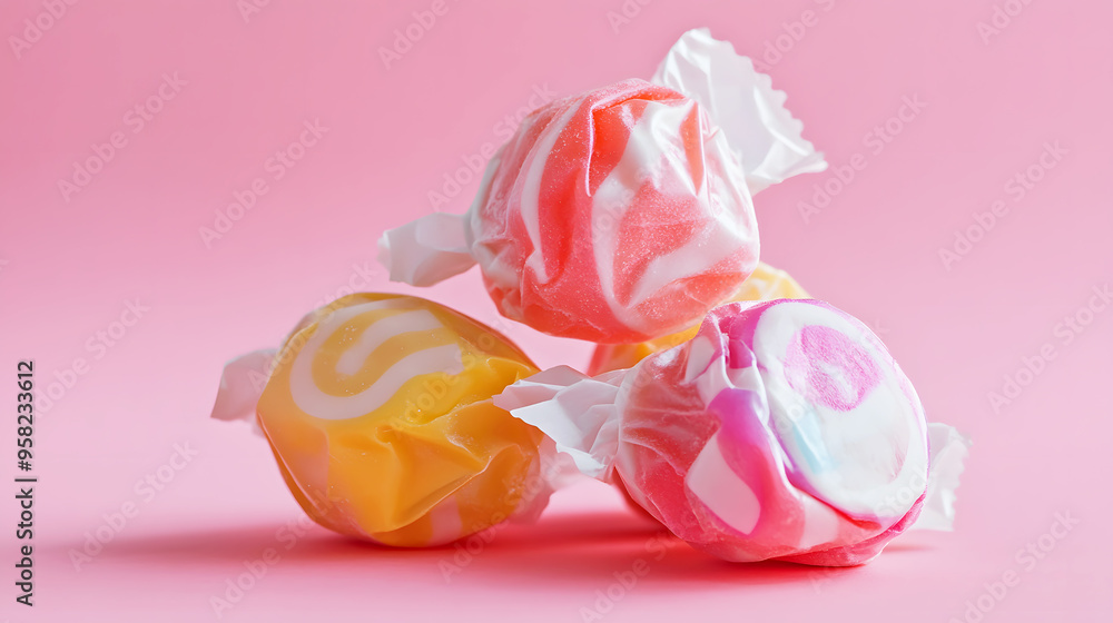Taffy candies stacked in a small pile, their wrappers slightly crinkled and the candy inside looking soft and pliable Taffy candies stacked in a small pile, their wrappers slightly crinkled and the candy inside looking soft and pliable