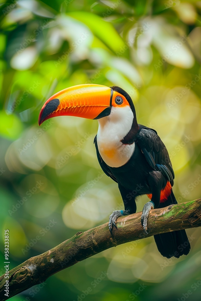 Fototapeta premium Toco toucan perched on a branch amid lush green foliage in nature