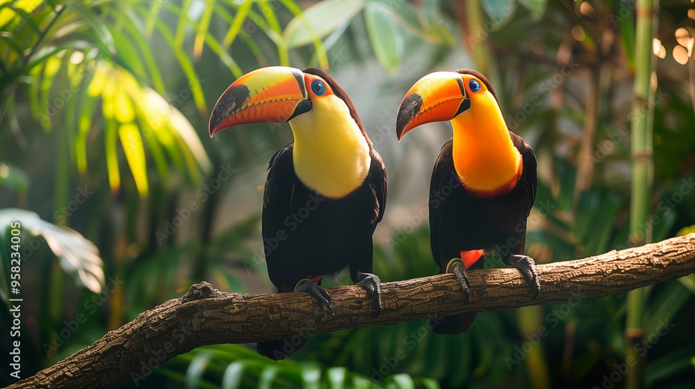 Fototapeta premium Toucans perched on a branch amidst vibrant tropical foliage