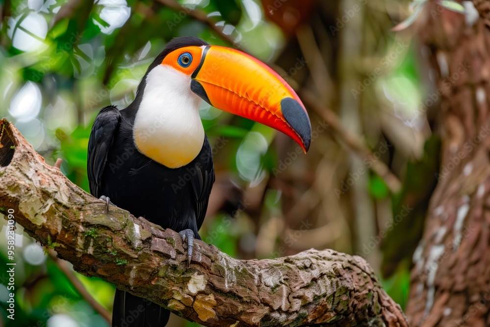 Fototapeta premium Colorful toucan perched among lush green leaves in vibrant habitat