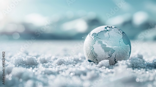 A melting glacier reveals a cracked and weathered globe, symbolizing the impact of climate change on the planet.