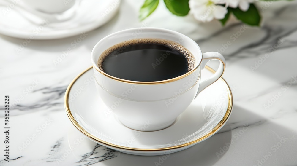 A delicate white porcelain coffee cup with a golden rim, filled with rich black coffee on a marble table A delicate white porcelain coffee cup with a golden rim, filled with rich black coffee on a marble table