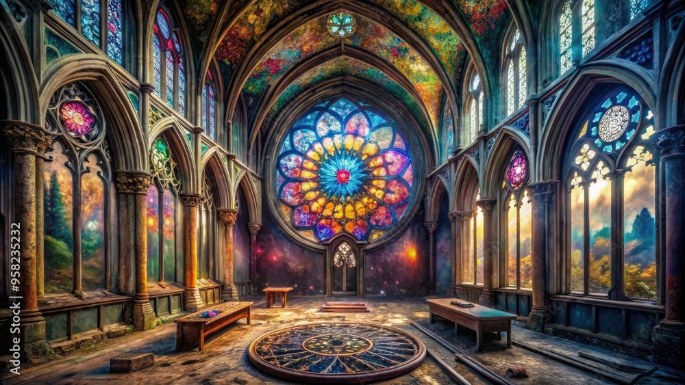 Obraz premium Intricate line art mandalas fill a deserted, crumbling Gothic chapel, radiating an aura of mystical energy and ancient wisdom in rich, jewel-toned hues.