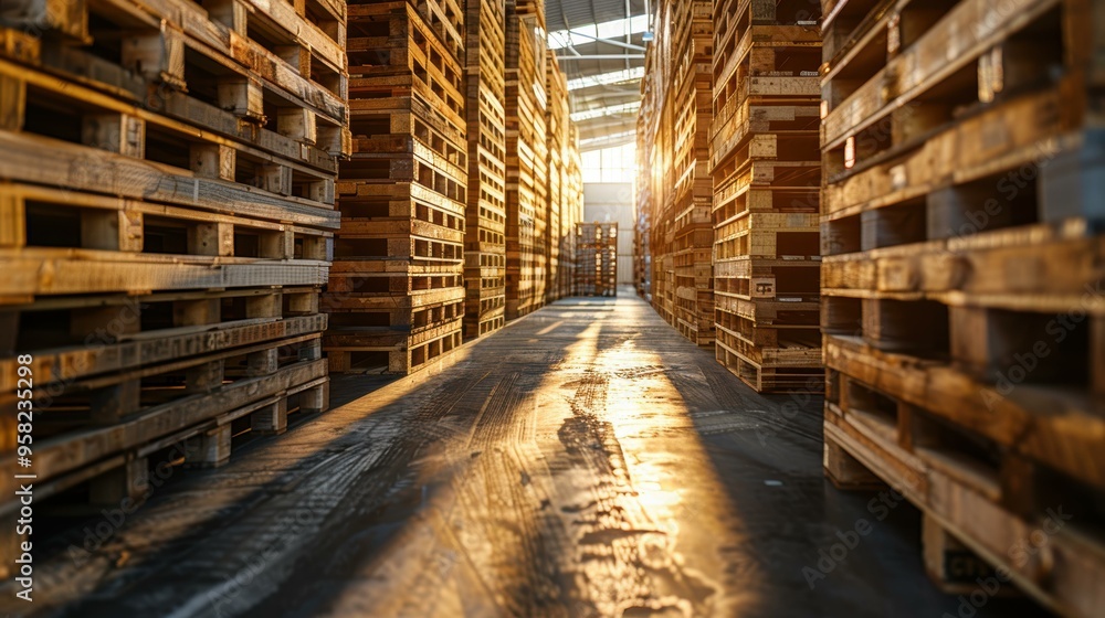 Fototapeta premium A neatly organized warehouse aisle filled with wooden pallets bathed in warm sunlight, ideal for illustrating topics of inventory management, storage efficiency, and logistics operations,