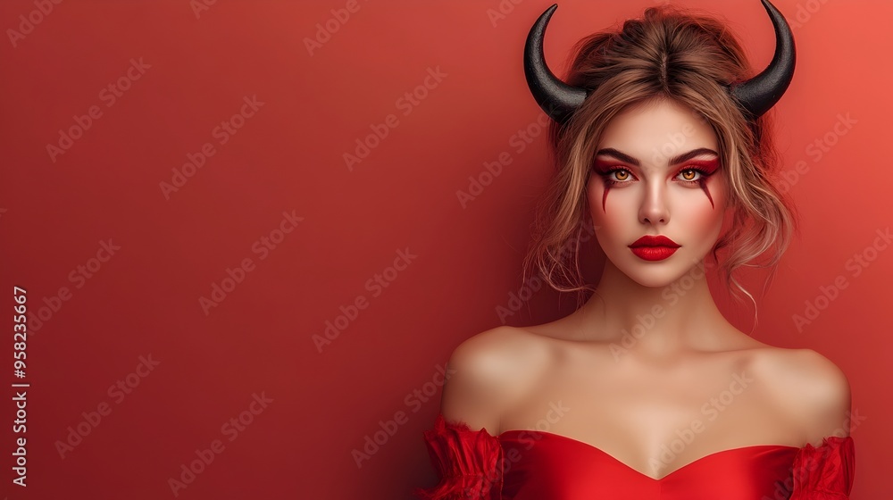 Captivating Devil Woman in Red Halloween Costume with Horns Captivating Devil Woman in Red Halloween Costume with Horns
