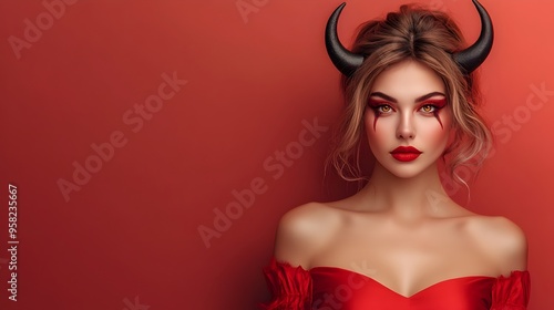 Captivating Devil Woman in Red Halloween Costume with Horns