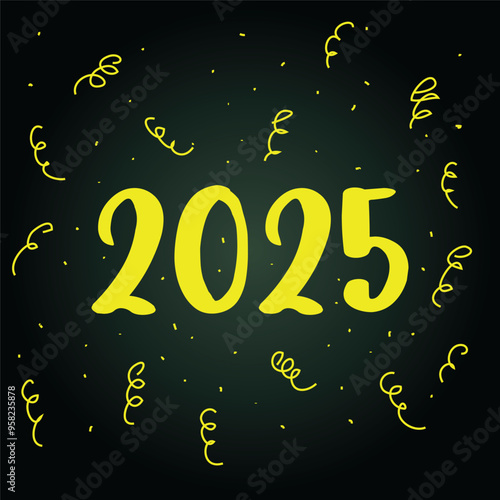 Poster, postcard with 2025 new year and serpentine. Yellow numbers on a black background.