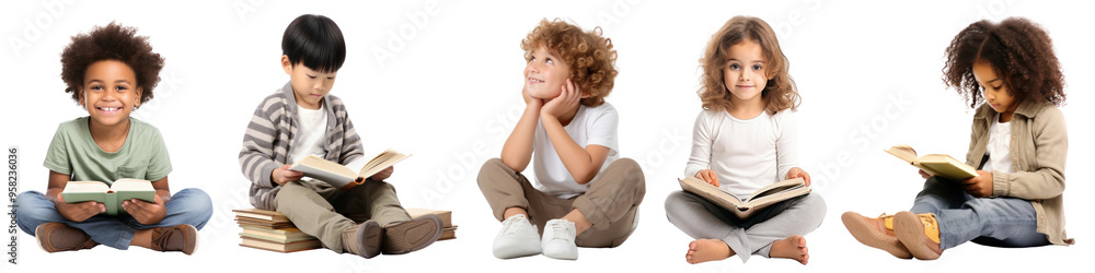 Diverse kids reading full body png cut out element set Diverse kids reading full body png cut out element set