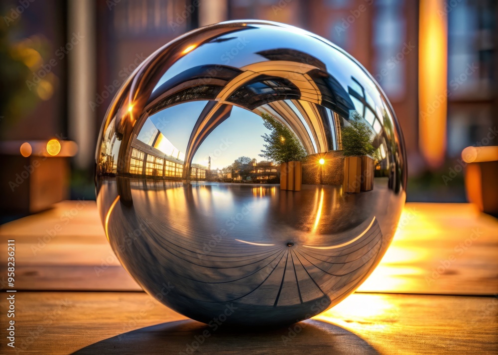 photo image of a polished chrome sphere with a high-gloss finish, reflecting warm light and showcasing intricate metal grain patterns photo image of a polished chrome sphere with a high-gloss finish, reflecting warm light and showcasing intricate metal grain patterns