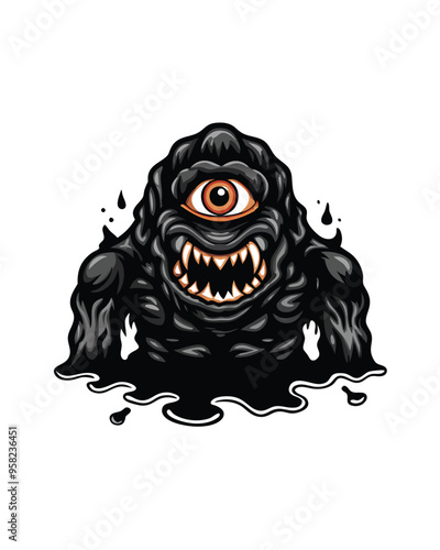 Illustration of a menacing cyclops monster dripping with thick black goo, single eye, sharp teeth, muscular, isolated on white background.