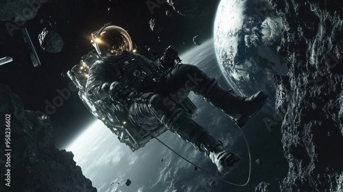 A dramatic spacewalk scene, a crew member floating in space tethered to the spacecraft, with Earth and the asteroid visible in the background, emphasizing scale and isolation - photo