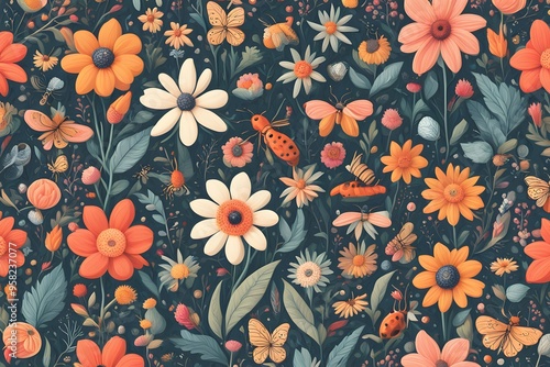 Wallpaper Mural A whimsical floral pattern with a mix of cartoonish flowers and insects in a playful design, AI generated Torontodigital.ca