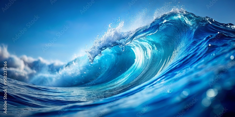 Close up shot of a blue wave with a soft focus wave in the midsection against a blue background Close up shot of a blue wave with a soft focus wave in the midsection against a blue background