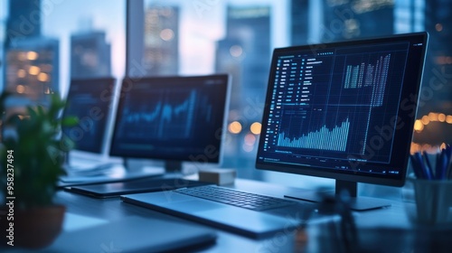 A forensic accounting office where professionals use digital forensics tools to analyze fraudulent transactions, screens displaying complex financial data, meticulous and focused setting