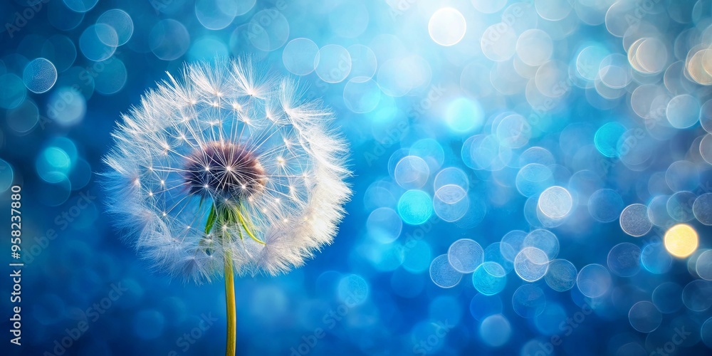 Close-up of a dandelion with soft bokeh light against blue backdrop Close-up of a dandelion with soft bokeh light against blue backdrop