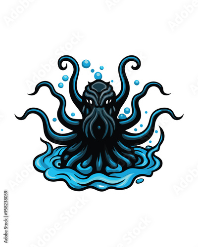 A giant, black, tentacled sea creature with glowing eyes emerges from a pool of water.