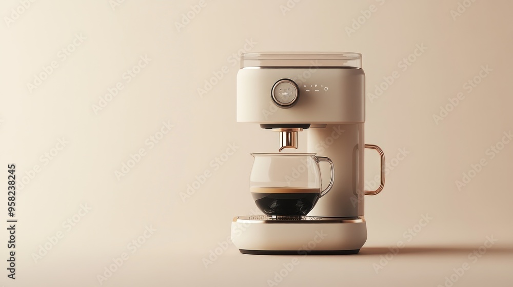 Modern White Coffee Maker Pouring Coffee into Glass Mug Modern White Coffee Maker Pouring Coffee into Glass Mug