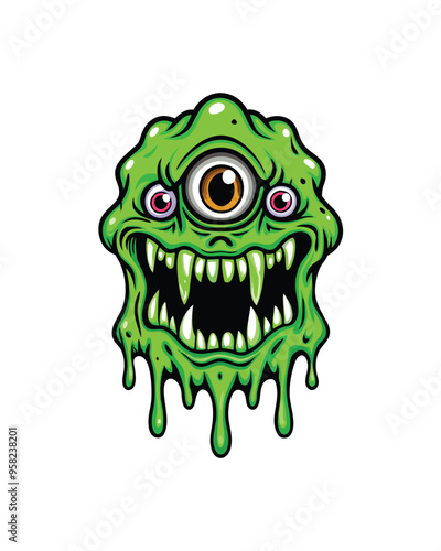 A cartoon illustration of a gooey, green monster with three eyes and a large mouth full of sharp teeth.