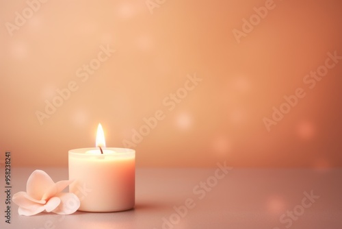 Peach background with white thin wax candle with a small lit flame for funeral grief death dead sad emotion with copy space texture for display