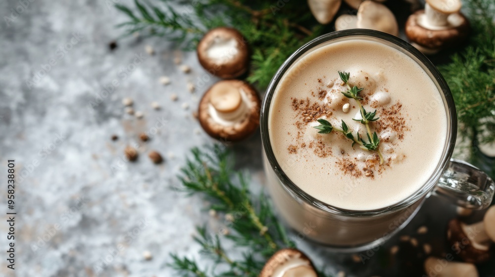 A health-focused shot featuring mushroom coffee along with fresh mushrooms and herbs, emphasizing its natural benefits - A health-focused shot featuring mushroom coffee along with fresh mushrooms and herbs, emphasizing its natural benefits -