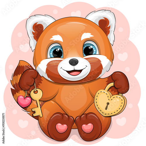 Cute cartoon red panda with lock and key. Vector illustration of an animal on a pink background with hearts.