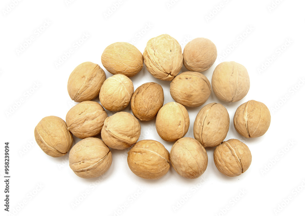 A bunch of walnuts are spread out on a white background A bunch of walnuts are spread out on a white background