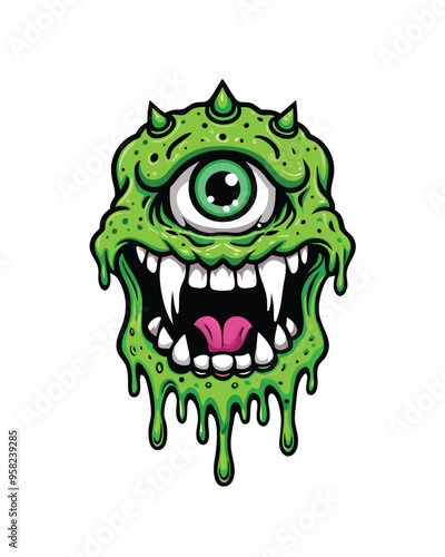 A cartoon monster with three eyes, dripping green slime and a toothy grin.