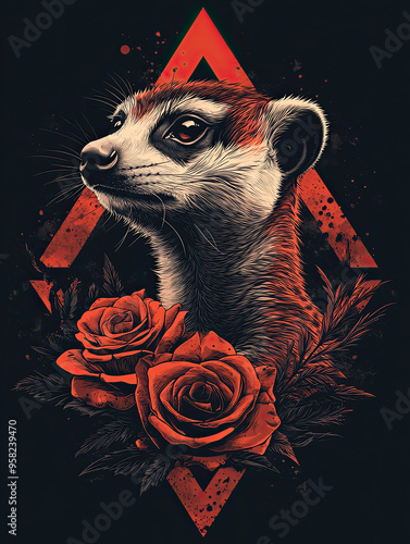 meerkat with flowers and a red greometric shape  photo