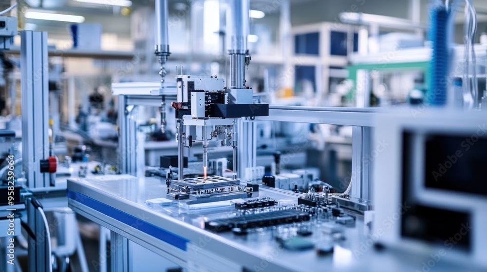 Naklejka premium A lab filled with power electronics prototypes, engineers testing various designs,