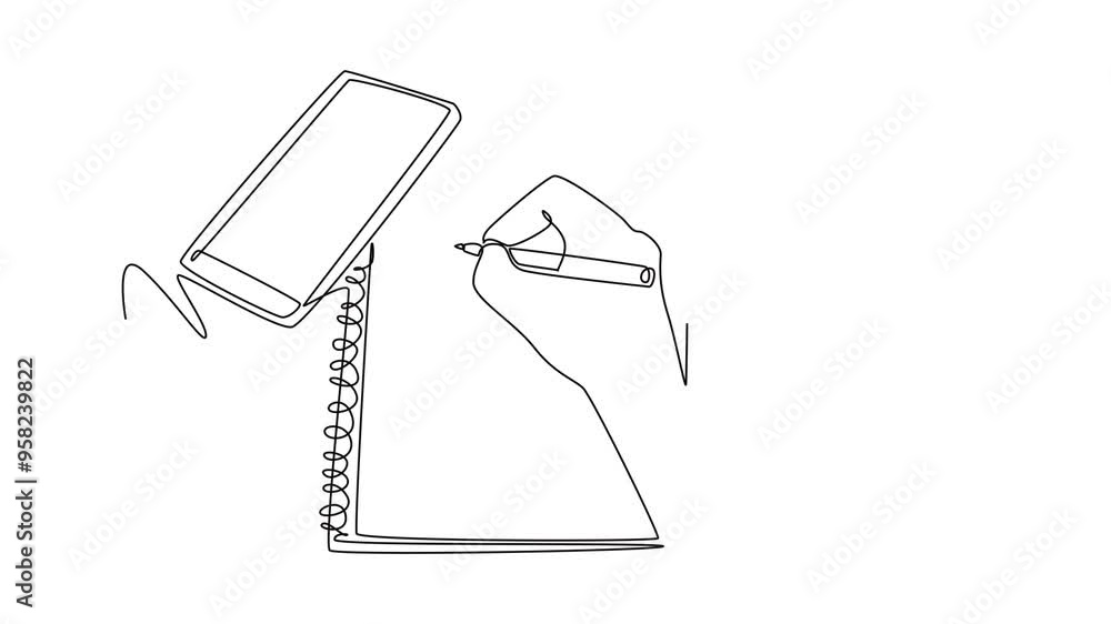 Animated self drawing of continuous line draw of hand gesture writing on an open book beside a cup of hot coffee and smartphone. Writing draft business project concept. Full length one line animation Animated self drawing of continuous line draw of hand gesture writing on an open book beside a cup of hot coffee and smartphone. Writing draft business project concept. Full length one line animation