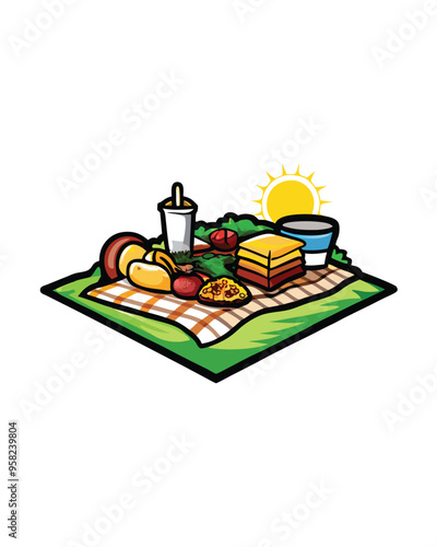 A picnic blanket laid out on grass with food and drinks, including sandwiches, fruit, drinks, and a pizza slice. A bright sun shines in the sky.