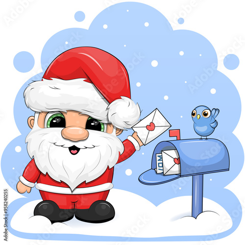 A cute cartoon Santa Claus with a letter stands next to the mailbox. Winter vector illustration on a blue background.