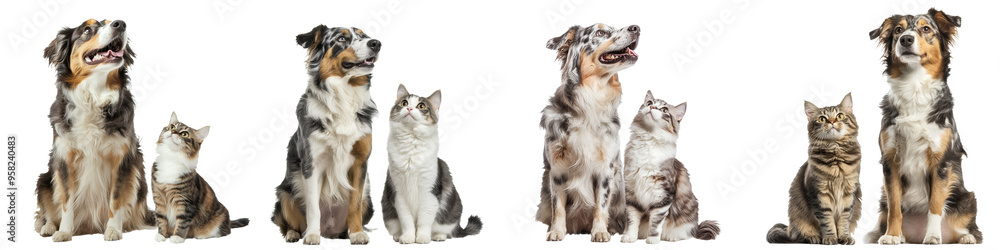 A dog and a cat stand full-length on a transparent background looking up in the same direction A dog and a cat stand full-length on a transparent background looking up in the same direction